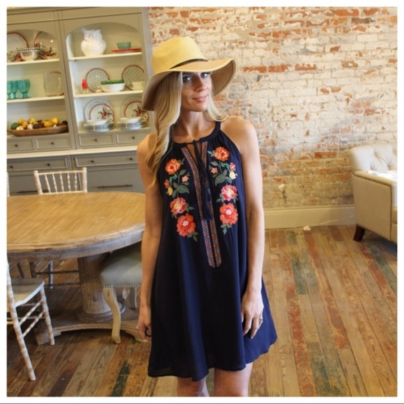 LAST ONE!Navy Floral Embroidered Halter Dress - Picture 3 of 4